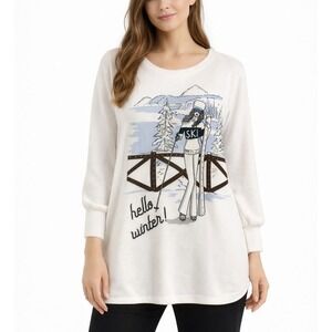 Love & Lace Graphic Top Blouse Womens Sz XL White Embellished Whimsical Romantic